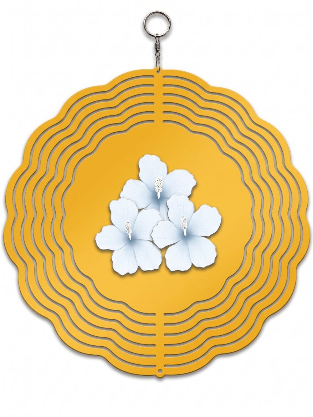 10" White Hibiscus Flower Kinetic Wind Spinner - Yellow Metal Hanging Yard Decor